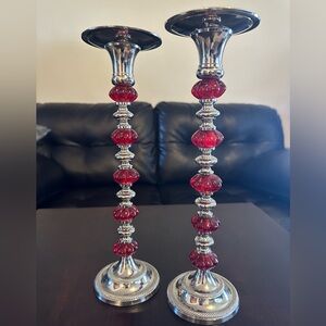 Elegant Silver and Red Glass Tall Candle Holders